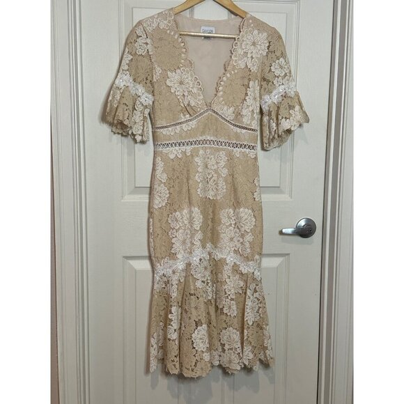 Saylor Beige/White Floral Mermaid Lacy Dress Size Small - Picture 3 of 10